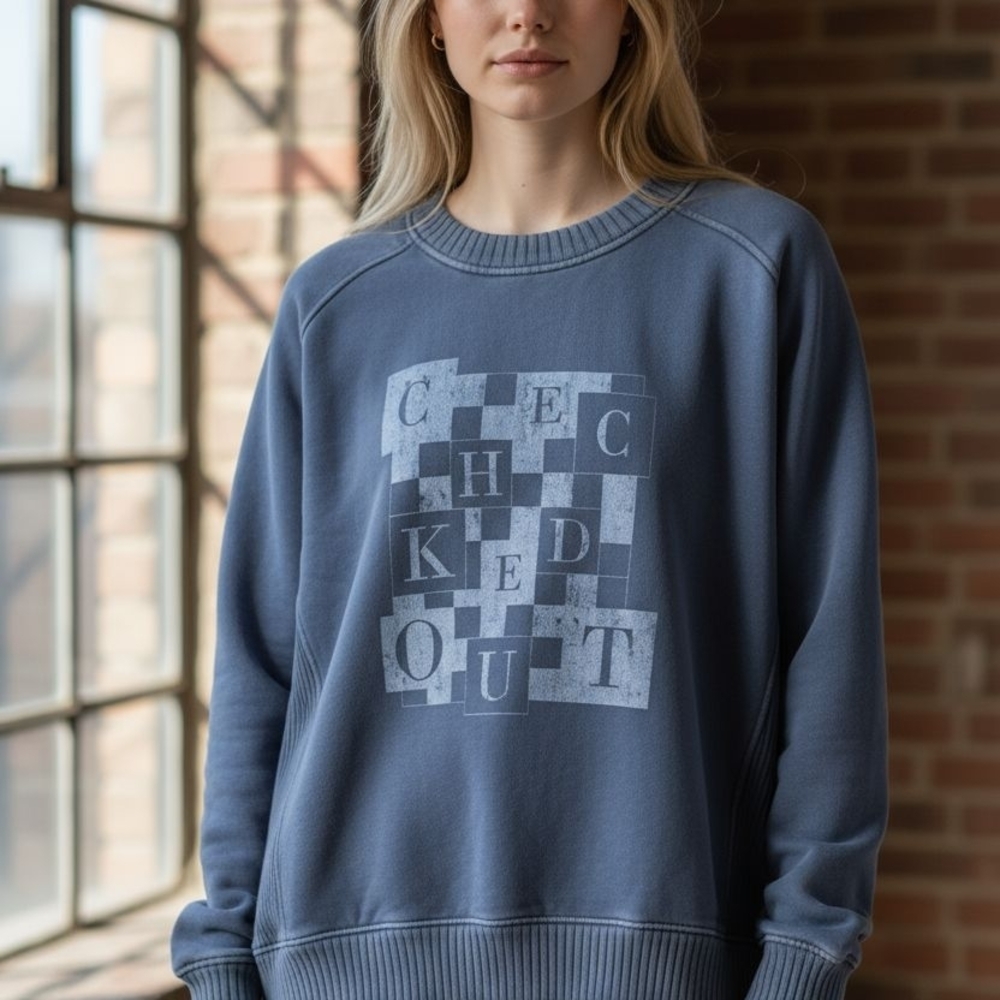 Aerie "Checked Out" Acid Wash Blue Graphic Sweatshirt - Small Oversized - Picture 2 of 7